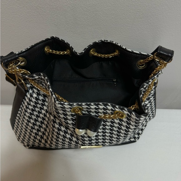 Wanyupj Houndstooth Tote Purse Whit Pearl Details Print Drawstring Tassel Bucket - Picture 4 of 9